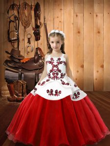 Stylish White And Red Straps Neckline Embroidery Kids Formal Wear Sleeveless Lace Up