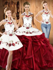 Delicate Wine Red Sleeveless Floor Length Embroidery and Ruffles Lace Up Sweet 16 Dresses