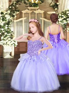  Sleeveless Organza Floor Length Lace Up Juniors Party Dress in Lavender with Appliques
