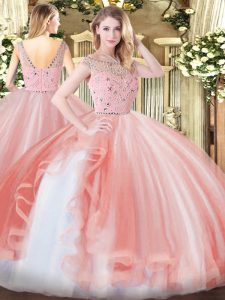  Floor Length Peach Ball Gown Prom Dress Tulle Sleeveless Beading and Ruffles