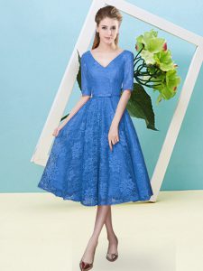  Tea Length Lace Up Dama Dress Blue for Prom and Party and Wedding Party with Bowknot