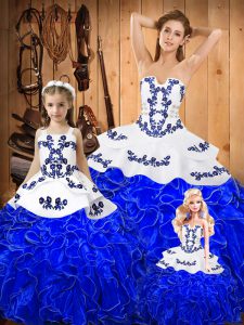 Vintage Embroidery and Ruffles Quinceanera Gowns Royal Blue Lace Up Sleeveless Floor Length