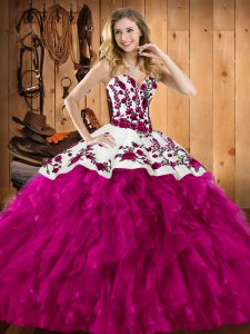 Sumptuous Fuchsia Satin and Organza Lace Up Sweetheart Sleeveless Floor Length Quinceanera Dresses Embroidery and Ruffles