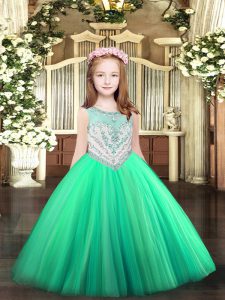 Stunning Turquoise Tulle Zipper Scoop Sleeveless Floor Length Little Girl Pageant Gowns Beading