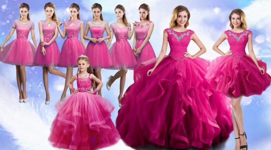 Romantic Scoop Sleeveless Lace Up Quinceanera Gown Fuchsia Organza
