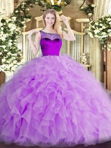  Lavender Ball Gowns Beading and Ruffles and Hand Made Flower Quinceanera Gowns Zipper Organza Sleeveless Floor Length