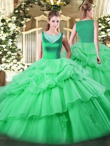 Custom Fit Apple Green Sleeveless Beading and Appliques and Pick Ups Floor Length Quince Ball Gowns