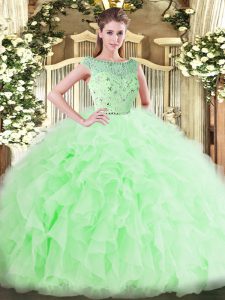  Floor Length Zipper Sweet 16 Dress Apple Green for Military Ball and Sweet 16 and Quinceanera with Beading and Ruffles