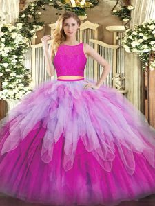  Fuchsia Ball Gowns Lace and Ruffles 15 Quinceanera Dress Zipper Organza Sleeveless Floor Length