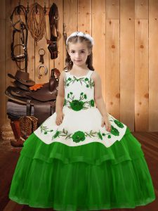 New Style Green Straps Neckline Embroidery and Ruffled Layers Pageant Gowns For Girls Sleeveless Lace Up