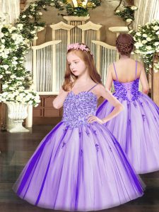 Classical Lavender Tulle Lace Up Spaghetti Straps Sleeveless Floor Length Pageant Gowns For Girls Appliques