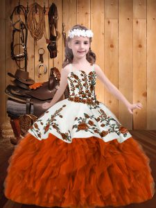 Popular Rust Red Organza Lace Up Little Girls Pageant Dress Wholesale Sleeveless Floor Length Beading and Embroidery