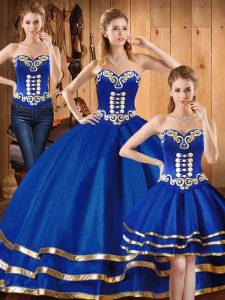 Top Selling Blue Three Pieces Sweetheart Sleeveless Satin and Tulle Floor Length Lace Up Embroidery Quinceanera Gowns
