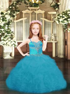 Affordable Floor Length Lace Up Girls Pageant Dresses Aqua Blue for Party and Quinceanera with Beading and Ruffles and Pick Ups