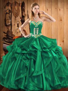 Hot Sale Floor Length Turquoise Ball Gown Prom Dress Organza Sleeveless Embroidery and Ruffles