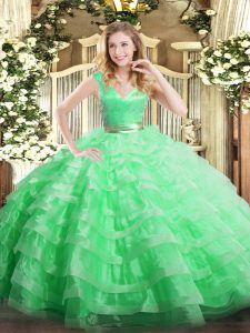 Sexy V-neck Sleeveless Organza Quinceanera Gowns Ruffled Layers Zipper