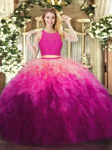 Colorful Scoop Sleeveless Quinceanera Gowns Floor Length Lace and Ruffles Fuchsia Organza