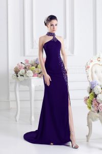  Purple Column/Sheath Elastic Woven Satin Halter Top Sleeveless Beading Lace Up Evening Dress Sweep Train