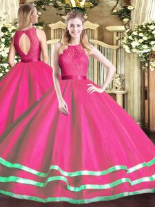  Hot Pink Ball Gowns Tulle Scoop Sleeveless Lace Floor Length Zipper Vestidos de Quinceanera
