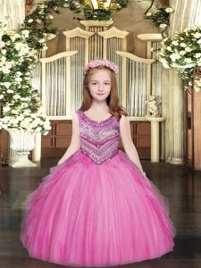 Pretty Floor Length Rose Pink Little Girls Pageant Gowns Tulle Sleeveless Beading and Ruffles