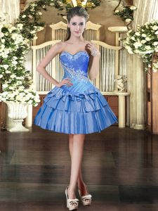  Baby Blue Sleeveless Mini Length Beading and Ruffled Layers Lace Up Prom Dress