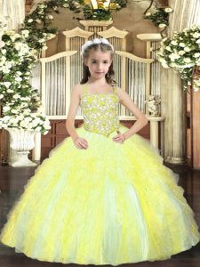 Elegant Straps Sleeveless Little Girls Pageant Dress Floor Length Beading and Ruffles Yellow Green Tulle