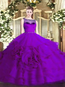  Sleeveless Organza Floor Length Zipper 15th Birthday Dress in Eggplant Purple with Beading and Ruffled Layers