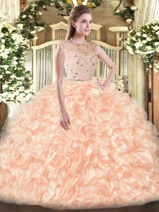 Most Popular Peach Quinceanera Gowns Military Ball and Sweet 16 and Quinceanera with Beading and Ruffles Bateau Sleeveless Zipper