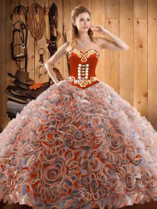 Cute Multi-color Ball Gowns Satin and Fabric With Rolling Flowers Sweetheart Sleeveless Embroidery With Train Lace Up Quinceanera Dress Sweep Train