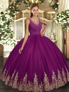 Comfortable Purple V-neck Backless Beading and Appliques Quince Ball Gowns Sleeveless