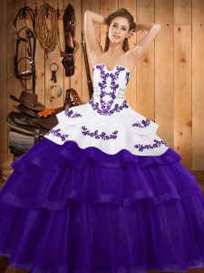 Beautiful Purple Lace Up Strapless Embroidery and Ruffled Layers Quince Ball Gowns Tulle Sleeveless Sweep Train