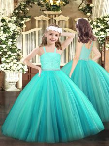 On Sale Tulle Straps Sleeveless Zipper Beading and Lace Little Girl Pageant Dress in Turquoise