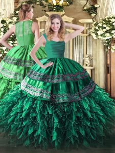 Wonderful Straps Sleeveless Zipper Vestidos de Quinceanera Dark Green Organza