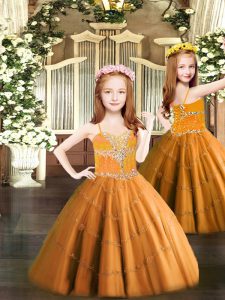  Floor Length Ball Gowns Sleeveless Orange Little Girls Pageant Dress Lace Up
