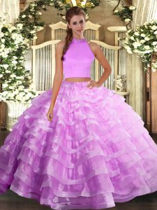 Great Lilac Two Pieces Organza Halter Top Sleeveless Beading and Ruffled Layers Floor Length Backless 15th Birthday Dress
