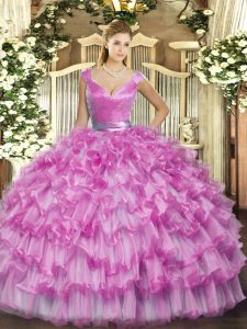 Eye-catching Sleeveless Organza Floor Length Zipper Quinceanera Gown in Lilac with Ruffled Layers