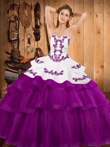  Lace Up Sweet 16 Dress Fuchsia for Military Ball and Sweet 16 and Quinceanera with Embroidery and Ruffled Layers Sweep Train