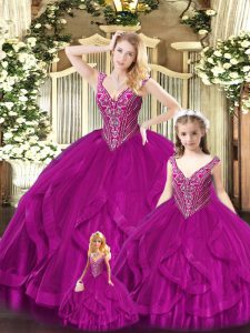 Edgy Floor Length Lace Up Vestidos de Quinceanera Fuchsia for Military Ball and Sweet 16 and Quinceanera with Beading and Ruffles
