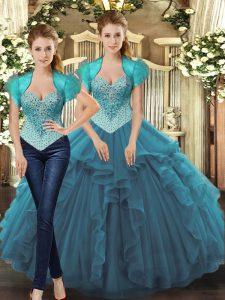 Beauteous Floor Length Lace Up Sweet 16 Dress Teal for Sweet 16 and Quinceanera with Beading and Ruffles