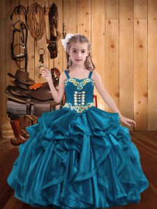  Teal Little Girls Pageant Gowns Sweet 16 and Quinceanera with Embroidery and Ruffles Straps Sleeveless Lace Up