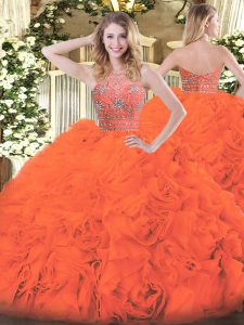  Sleeveless Floor Length Beading and Ruffles Zipper Quinceanera Gown with Orange Red