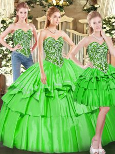  Sleeveless Tulle Floor Length Lace Up Quinceanera Dress in with Beading and Ruffled Layers