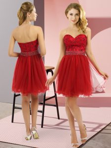 Wine Red Tulle Zipper Homecoming Dress Sleeveless Mini Length Beading