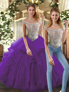 Captivating Floor Length Lace Up Quinceanera Gowns Purple for Military Ball and Sweet 16 and Quinceanera with Beading and Ruffles