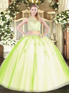Most Popular Scoop Sleeveless Quinceanera Gown Floor Length Beading Yellow Green Tulle