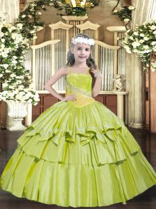 Super Floor Length Lace Up Little Girl Pageant Gowns Yellow Green for Party and Quinceanera with Beading and Ruffled Layers