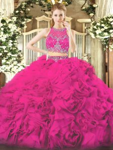  Scoop Sleeveless Fabric With Rolling Flowers Quinceanera Dress Beading Zipper