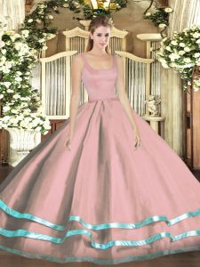 Fashionable Floor Length Zipper Ball Gown Prom Dress Pink for Military Ball and Sweet 16 and Quinceanera with Ruffled Layers