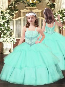  Straps Sleeveless Organza Little Girl Pageant Gowns Beading and Ruffled Layers Lace Up