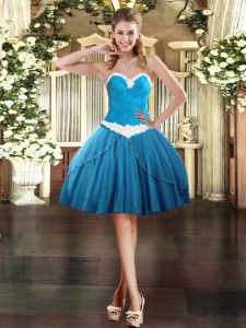  Sleeveless Tulle Mini Length Lace Up Evening Dress in Baby Blue with Appliques